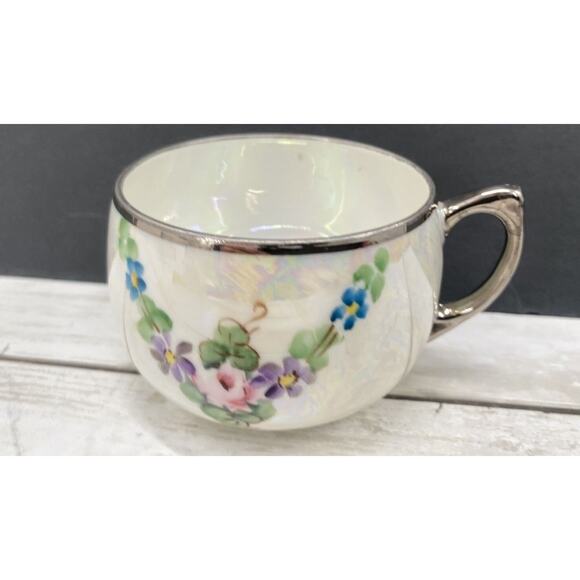 Vintage B And D Hand Painted Flowers Design Iridescent Silver Trimmed Teacup - Picture 3 of 12